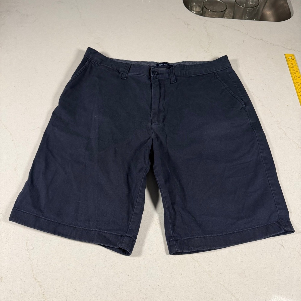 Nautica Flex Mens Navy Blue Classic Fit Flat Front Chino Shorts Size 34W